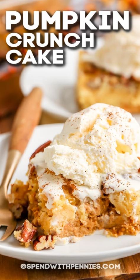 Sprinkle some spice into Fall with the best pumpkin crunch cake recipe. This easy pumpkin cake is irresistible served with a scoop of ice cream on top! #spendwithpennies #pumpkincrunchcake #recipe #dessert #cannedpumpkin #cakemix #pumpkincake #easy #pecans #crunchy #pumpkinspice Pumpkin Crunch Cake Recipe, Pumpkin Pie Crunch, Crunch Cake Recipe, Filling Cake, Pumpkin Cake Easy, Pumpkin Crunch Cake, Gooey Cake, Pumpkin Crunch, Butter Pecan Cake