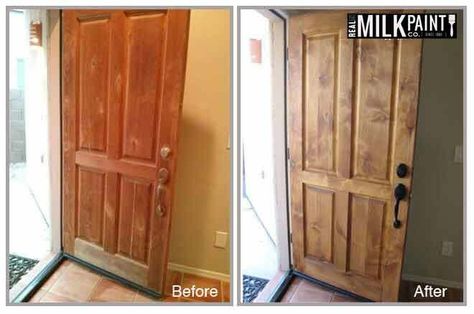 I wanted to share a before and after picture of our door refinishing project. If you’re interested, I blogged about the process (with a lot more photos) at http://hellohousie.com/blog/2013/9/9/orange-you-glad. Wood Door Paint, Door Refinishing, Real Milk Paint, Orange Wood, Teak Oil, Tung Oil, Orange You Glad, Wood Oil, Wood Door