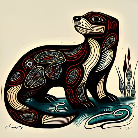 Tlingit Art Otter Pacific Northwest Coast Native American Haida poster - The Tlingit people are known for their intricate and powerful artistry, and this poster is a beautiful representation of their rich cultural heritage. This magnificent poster captures the beauty and grace of the otter, a symbol of strength, playfulness, and intelligence in Tlingit culture. Native American Otter Totem, Native American Animal Art, Canadian Native Art, Northwest Coast Art, Pacific Northwest Indigenous Art, Pacific Northwest Native American Art, Pacific Northwest Art Native West Coast, Haida Art Pacific Northwest, Tlingit Art