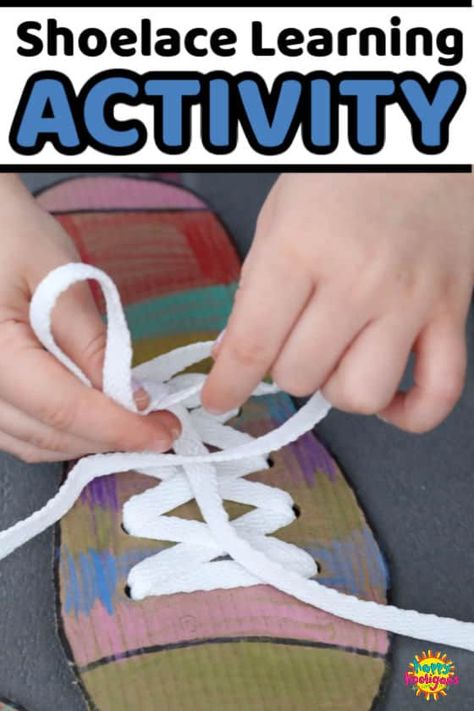 Make this shoe tying practice board with cardboard and a shoelace. It's a great teaching tool to help kids learn how to tie their shoes. Tying Shoes For Kids Teaching, Learn To Tie Shoes, Shoe Tying, Homemade Shoes, Happy Hooligans, How To Tie Shoes, Diy Shoe, Tie Shoelaces, Fine Motor Activities