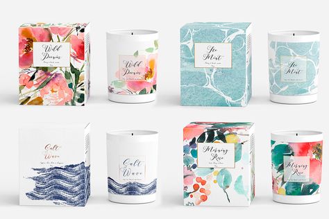 Watercolor Packaging Design, Packaging For Candles, Scented Candles Packaging, Watercolor Packaging, Watercolor Candles, Candles Collection, Candle Box Packaging, Candle Packaging Design, Packaging Design Trends