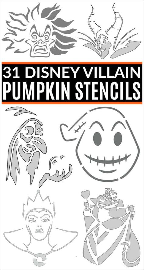 So many free printable Disney villain pumpkin carving patterns! Get Cruella de Vil, Maleficent, Maleficent's dragon, Oogie Boogie, Evil Queen, the witch and plenty of other pumpkin templates for Halloween! Disney Villain Pumpkin, Pumpkin Templates Free Printable, Easy Pumpkin Stencils, Disney Pumpkin Stencils, Pumpkin Templates Free, Disney Stencils, Pumpkin Carving Stencils Templates, Printable Pumpkin Stencils, Pumpkin Stencils Free