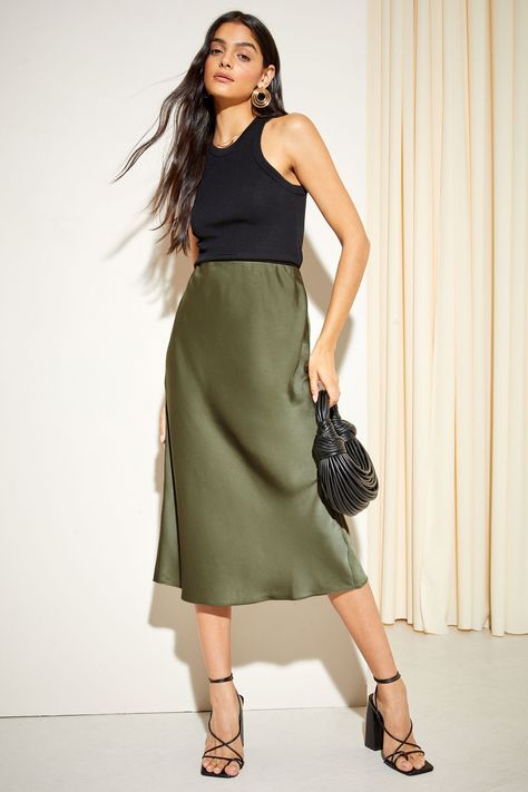 Olive Green Midi Skirt Outfit, Olive Green Satin Skirt Outfit, Olive Outfits For Women, Green Silk Skirt Outfit, Olive Skirt Outfit, Olive Green Skirt Outfit, Green Midi Skirt Outfit, Green Satin Skirt Outfit, Olive Green Outfits