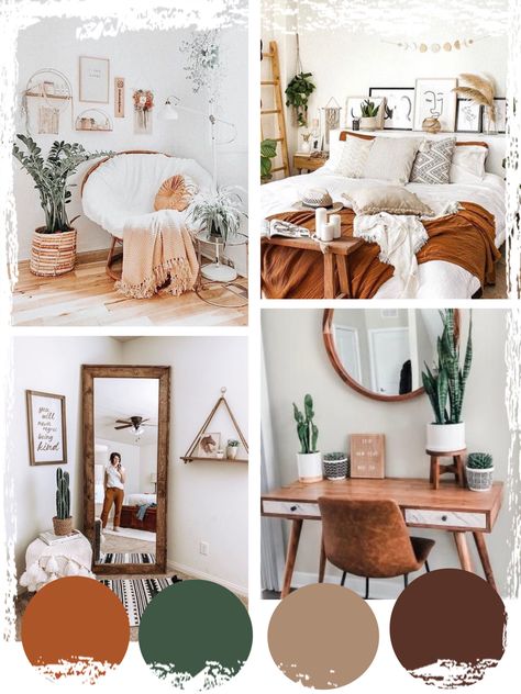 Sheik Boho Bedroom, Boho Modern Chic Bedroom, Aesthetic Boho Bedroom Ideas, Earthly Living Room Ideas, Boho Organic Decor, Earthy Tones Home Decor, Pumpkin Color Bedroom, Muted Color Living Room, Neutral Cozy Home Decor