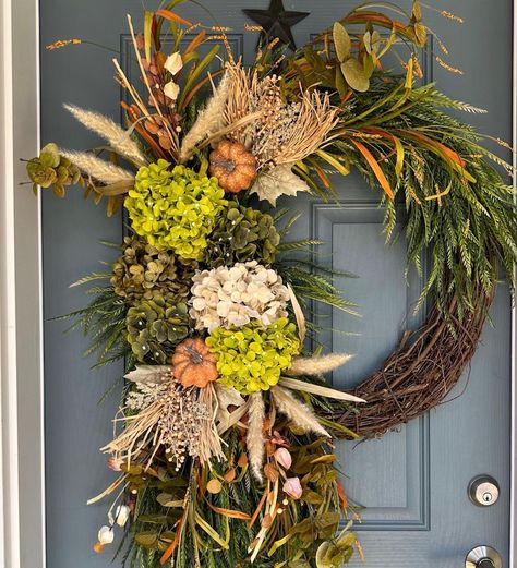 Fall Hydrangea & Pumpkin Wreath, Hydrangea Wreath, Double Door Wreath, Thanksgiving Wreath, Front Door Decor, Fall Green Orange Neutral Swag - Etsy Modern Fall Wreath, Double Door Wreath, Grapevine Garland, Front Door Decorations, Fall Hydrangea Wreath, Fall Front Door Decor, Fall Wreaths For Front Door, Wreath Hydrangea, Double Door Wreaths