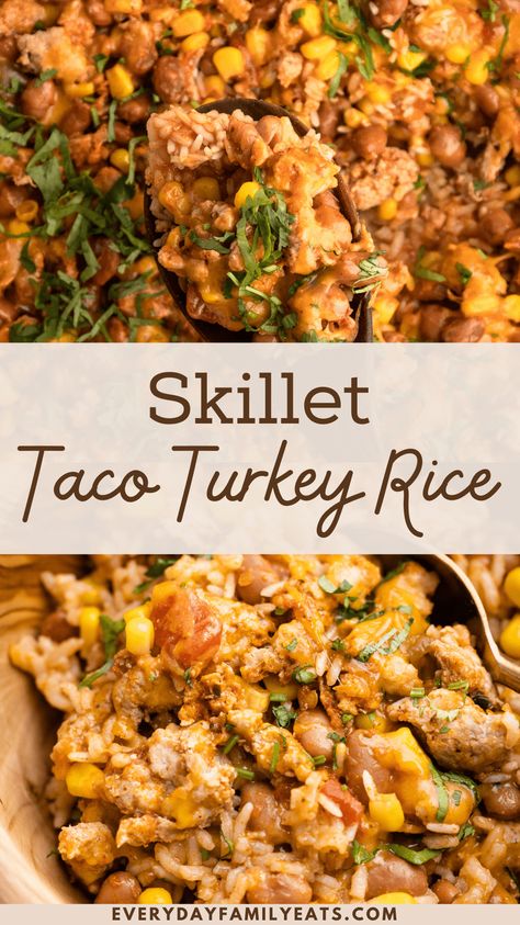 This Turkey Taco Rice Skillet is a delicious one-pan meal. Ground turkey, beans, corn, and lightly spiced rice make this a wholesome meal meant for weeknights. Ground Turkey And Corn Tortilla Recipes, Ground Turkey Recipes For Dinner Gluten Free, Slow Cooker Ground Turkey Tacos, Meals With Ground Turkey And Rice, One Pan Turkey Dinner, Ground Turkey Recipes For Lunch, Ground Turkey Kids Recipes, Ground Turkey Recipes Gluten Dairy Free, Gf Df Ground Turkey Recipes