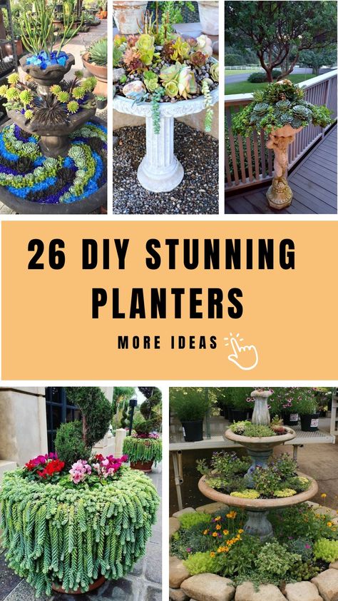 26 Unique Ways To Recycle Broken Fountains And Bird Baths Into Stunning Planters - | February 2024 | Willtiptop Diy Tiered Planters Outdoor, Turn Fountain Into Planter, Bird Bath Succulent Garden, Garden Bird Bath Ideas, Bird Bath Planter Ideas, Diy Bird Bath Dollar Store, Fountain Planter Ideas, Birdbath Planter Ideas, Unique Bird Baths