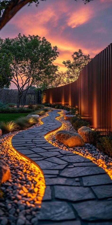 Fence, Landscaping, Trees, Stone, Design