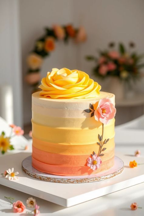 Bright Cakes Birthday, Orange Ombré Cake, Spring Time Baby Shower Ideas, Fruit Themed Cake, Spring Cake Ideas, Birthday Cake Floral, Bright Birthday Cakes, Sunset Cake, Orange Birthday Cake