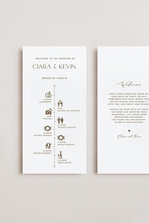 The simple elegance of this minimalist wedding welcome bag note from our Clara collection offers a clean yet attractive way to communicate the itinerary for the day and keep your guests on schedule. Our editable templates make it quick and easy for brides to acquire wedding stationery that is elegant, refined, and budget-friendly. Purchase, edit, and print within minutes using the Templett app - a user-friendly editing software that opens directly in your web browser. FILES INCLUDE Welcome Bag N Wedding Beauty Prep Timeline, Reception Itinerary Timeline Events, Evening Wedding Schedule Of Events, Short Wedding Timeline Day Of, Welcome Bag Note, Wedding Day Timeline Template, Reception Timeline, Wedding Reception Timeline, Wedding Order Of Events