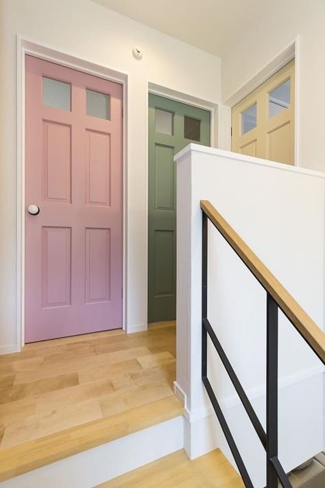 Colored Doors Interior, Stairs 2023, Interior Door Colors, Electric Colors, Painted Interior Doors, Colorful Apartment, Apartment Door, Hallway Designs, Door Inspiration