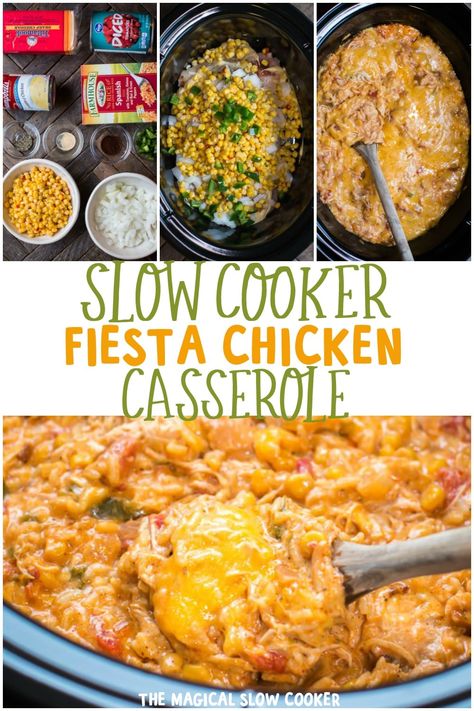 Slow Cooker Fiesta Chicken and Rice Casserole has tender chicken, Spanish rice and plenty of cheese. - The Magical Slow Cooker #slowcookerrecipes #chickenrecipes Spanish Rice Slow Cooker, Chicken Spanish Rice, Fiesta Chicken And Rice, Mexican Chicken And Rice Casserole, Fiesta Chicken Casserole, Slow Cooker Mexican Chicken, Magical Slow Cooker, Broccoli Dishes, Fiesta Chicken