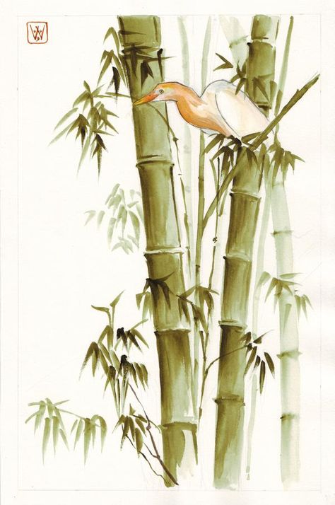 bamboo and heron by emmawood on DeviantArt Bamboo Art Painting, Bamboo Drawing, Bamboo Painting, Bamboo Trees, Sumi E Painting, Art Chinois, Chinese Art Painting, Japanese Drawings, Bamboo Art