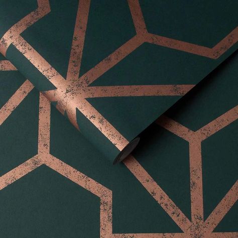 A fibrous textured wallcovering with a bold large scale geometric pattern of linked diamonds and hexagon shapes.  Drawn in a distressed metallic effect on the matt background. Shown here in metallic copper on a rich matt green. Wallpaper Nook, Mid Century Modern Wallpaper, Copper Wallpaper, Green And Copper, Pearl Wallpaper, Dark Green Wallpaper, How To Hang Wallpaper, Graham & Brown, Metallic Copper