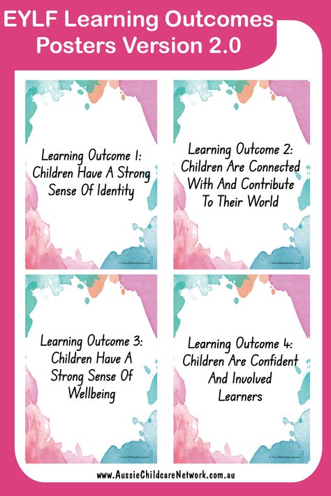 EYLF Learning Outcomes Posters Version 2.0 displays the main EYLF Learning Outcomes and the sub-outcomes. They can be used to display within the service or used as a reference for documentation and planning. The Learning Outcomes are to be used to reflect on children’s learning and focus on what a child can achieve. Learning Outcomes Display, Eylf Outcomes, Eylf Learning Outcomes, Aussie Childcare Network, Daycare Rooms, Learning Outcomes, Learning Framework, Babies Room, Daycare Ideas