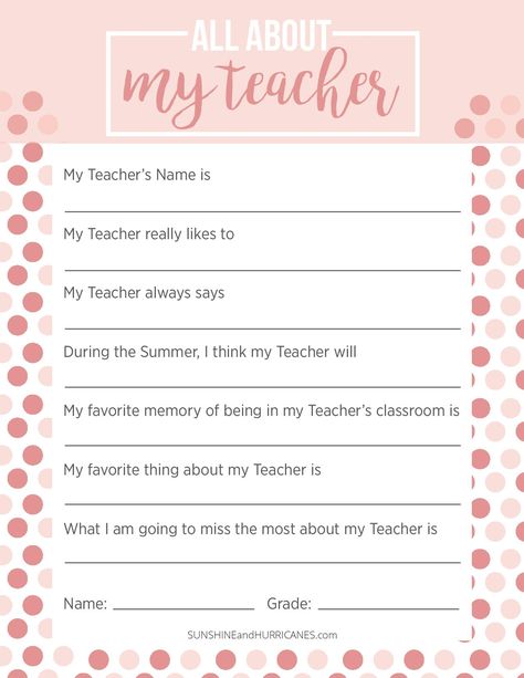 This teacher appreciation week questionnaire is the perfect teacher gift for any occasion. Personalize and meaningful it is a gift she will always treasure. SunshineandHurricanes.com Teacher Questions For Gifts, Teacher Appreciation Questions For Kids, All About My Teacher Questionnaire, All About My Teacher Printable, What I Love About My Teacher Printable, Teacher Questionnaire From Student, End Of Year Teacher Questionnaire, All About Teacher Printable, What I Love About My Teacher