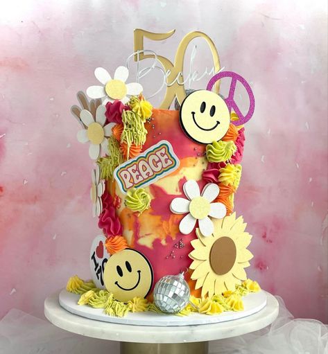 60s Cake Ideas, 60s Themed Cake, 60s Cake, Buttercream Ideas, Hippie Cake, Lunch Cake, 2023 Cake, 5th Birthday Cake, 70th Birthday Cake