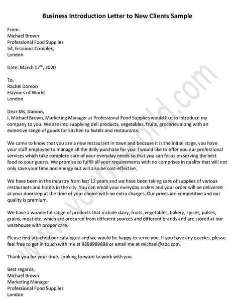 Business Introduction Letter to New Clients - HR Letter Formats Business Introduction Letter, Business Introduction, Introduction Letter, Proposal Letter, Topic Sentences, Letter To Teacher, Cover Letter Example, Business Letter, Michael Brown