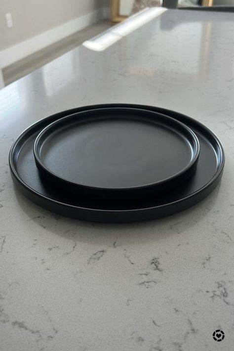 Black Dinning Plates, Matte Black Plates Table Setting, Black Dishes Set, Black Kitchen Plates, Black Round Placemats Table Setting, Matte Black Dishes, Black Plates Aesthetic, Black Matte Plates, Black Utensils Kitchen