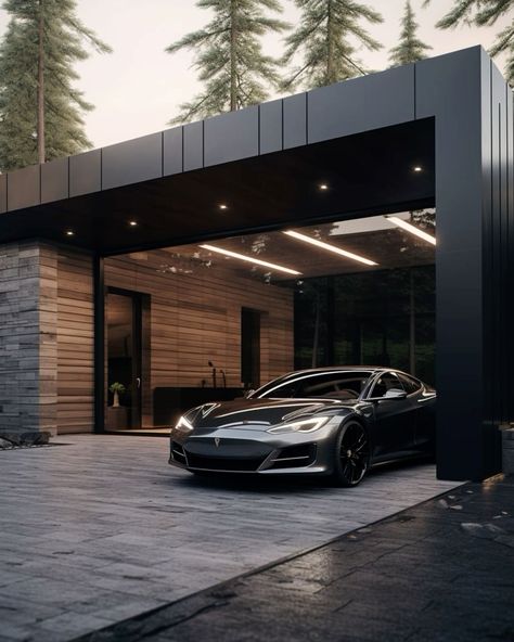 Contemporary Garage Interior, Tesla Garage Ideas, Modern Luxury Garage, Dream Garage Luxury, Modern Car Garage, Luxury Garage Interior, Car Garage Aesthetic, Modern House Garage, House Garage Design