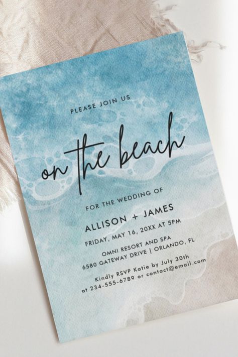 card size 5" x 7", summer, beach, watercolor style Diy Wedding Beach, Reception On The Beach, Beach Wedding Schemes, Light Blue And White Beach Wedding, Elegant Beach Wedding Invitations, Wedding Beach Invitations, Affordable Beach Wedding, Beach Christmas Wedding, Summer Wedding Beach