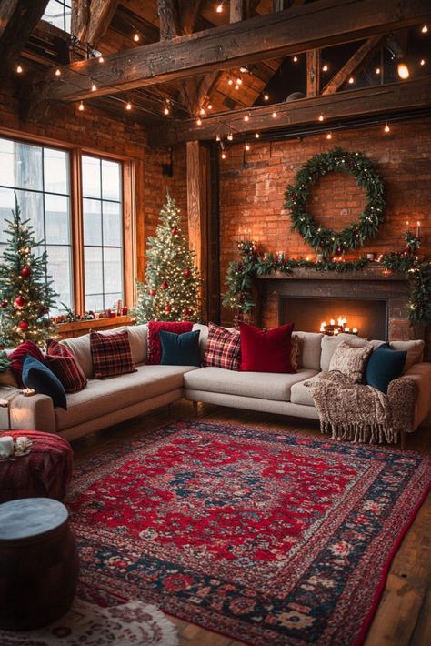 Christmas Decorating Wooden Beams, Mountain House Christmas Decor, Decorating Ceiling Beams For Christmas, Loft Christmas Decor, Industrial Christmas Decor, Loft Decorating Ideas, Cabin Christmas Tree, Post Christmas Decor, Christmas Loft