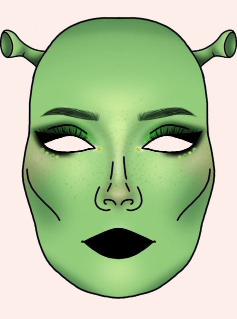 drew the makeup for my costume yay_ - _ - _ - _ - _ - _ - _ - _ - _ - _ - _ - _ - _ - _ - _ - _ - _ - _ - _ - _ - _ - _ - _ - _makeup sketch chart shrek ogre green cosplay costume sparkle alternative ___ i wore it to my cousins costume party and she liked it, I was shrek but slayy Shrek Makeup Ideas, Shrek Inspired Makeup, Shrek Makeup, Makeup Sketch, Green Cosplay, Shrek Character, Shrek Party, Shrek Costume, Makeup Easy