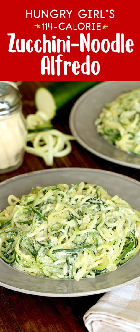 Zucchini-noodle recipe! This low-carb spaghetti swap is topped with a creamy low-calorie sauce that tastes like Alfredo! 1/2 recipe: 114 calories | 7g fat Low Calorie Zucchini Noodle Recipes, Green Giant Zucchini Spirals Recipes, Zucchini Noodle Alfredo, Low Calorie Zoodle Recipes, Healthy Noodle Sauce Recipes, Recipes For Zucchini Noodles, Healthy Fettuccine, Healthy Fettuccine Alfredo, Low Calorie Sauces