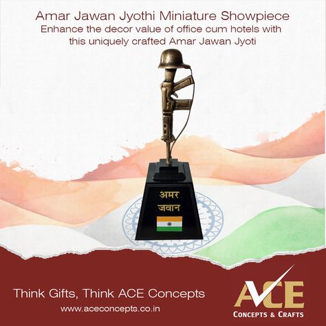 Republic Day - AmarJawan  Jyothi  Miniature Showpiece!!  The Amar Jawan Jyoti is a pure tribute and remembrance to the martyrs who fought and fight for the pride of the county.   For enquiry about the products message us or email us. info@aceconcepts.co.in  call @ +91 9999650501 / +91 9811700420 Visit https://aceconcepts.co.in/ #RepublicDay #26thjanuary #AmarJawaJyoti #uniquecraft #GiftingSolutions #surprisegift #tabletopgiftideas #gifting #giftingsolutions #Promotionalgiftsindia Amar Jawan Jyoti, Republic Day, Unique Crafts, The Pride, Promotional Gifts, Surprise Gifts, Miniatures, Pure Products, Gifts