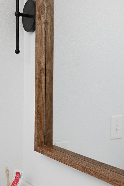 IHeart Organizing: DIY Wood Framed Mirror Boxed Mirror, Diy Wood Framed Mirror, Diy Wood Mirror Frame, Wood Framed Bathroom Mirrors, Diy Mirror Frame, Wood Mirror Bathroom, Small Bathroom Mirrors, Bathroom Mirrors Diy, Spare Bathroom