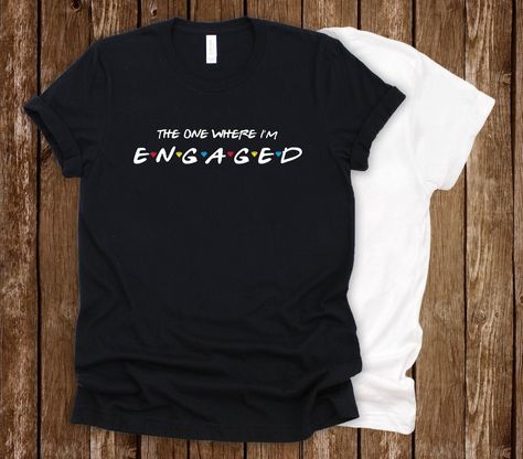 Newly engaged and a Friends fan?? You need this shirt to rock out during your engagement! Notice the fine detail in between, those are diamonds in between instead of circles too! TANK TOP AVAILABLE: https://www.etsy.com/listing/692037281/the-one-where-im-engaged-tank-top-bride?ref=listings_manager_grid  DETAILS & SIZING DETAILS: Shirts used are Bella Canvas brand. They are a very soft and high quality t-shirt. They have a more attractive fit than a regular gildan or fruit of a loom tshirt.  SIZI Finally Engaged, Engagement Shirt, Friends Fan, Cute Couple Shirts, Plus Wedding Dresses, Couples Shirts, Wedding Shirt, Cute Engagement Photos, Friends Cake