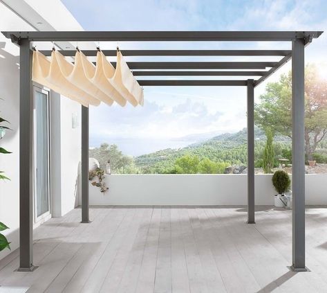 pergola-retractable-awning-gardenista #pergola Pergola Cover, Diy Pergola Kits, Ideas Terraza, Retractable Pergola Canopy, Pergola Retractable, Pergola Diy, Cheap Pergola, Retractable Pergola, Backyard Canopy