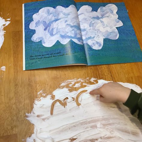 My kids just adored this book, and really enjoyed drawing clouds in shaving cream along with the book. Drawing Clouds, Eric Carle Activities, Cloud Outline, Cloud Activities, Spring Break Camping, Preschool Weather, Cloud Theme, Weather Theme, Activity For Toddlers