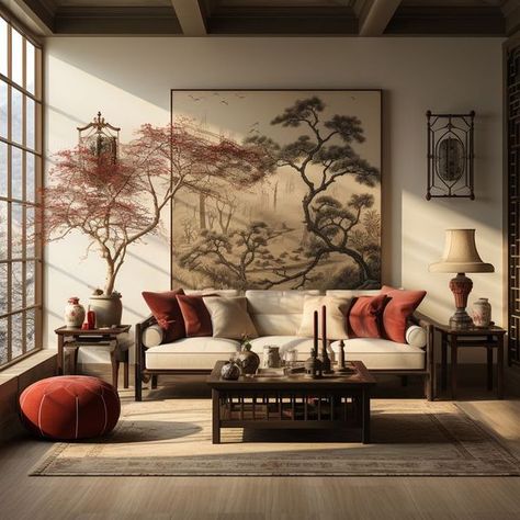 Orange Couch Living Room, Asian Style Living Room, China Room, Vintage Living Room Design, Asian Decor Living Room, Serene Interior, Japanese Images, Sitting Room Interior Design, Cozy Living Room Furniture