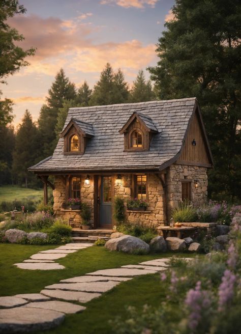 Wood Cabin Exterior, Small Stone House, Relaxing View, Cute Cottages, Log Cabin Rustic, Cabin Exterior, Quaint Cottage, Stone Facade, Cottage Cabin