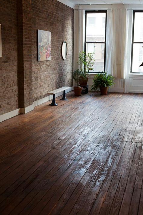 Floors and walls Brick Yoga Studio, Salon Board, Barre Studio, Meditation Studio, Bottom Bunk, Yoga Studio Design, Wellness Studio, Exposed Brick Walls, Wooden Floors