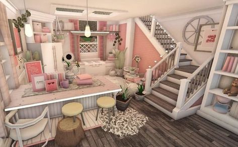 Bloxburg 2 Bedroom House, Bloxburg Blush Kitchen Ideas, Blush House Layout, Blush Kitchen Bloxburg, Cute Kitchen Bloxburg, Pretty Bloxburg Houses, Blush House Exterior, Colorful Bloxburg House, Bloxburg Kawaii House