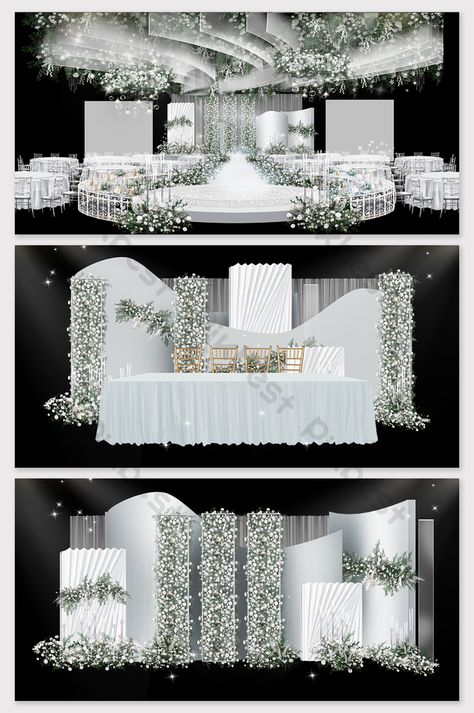 Wedding Decor Background, White Wedding Stage Decor Elegant, Luxury Wedding Decor Backdrops, White Wedding Stage, Corporate Event Centerpieces, White Green Wedding, Wedding Ceiling Decorations, Wedding Table Layouts, Reception Stage Decor