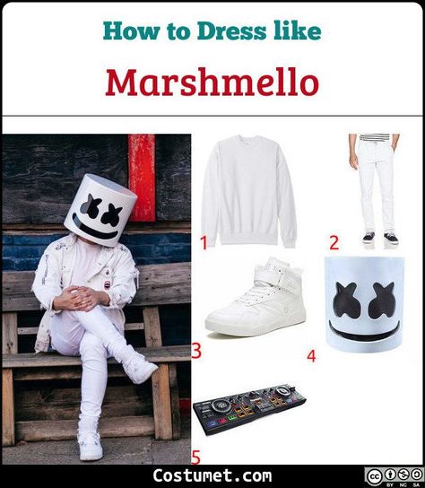 Marshmello costume is a white bucket hat shaped like a marshmallow and all-white clohting from head to toe.             #Artist #male #artist #musican #DJ Diy Marshmallow Man Costume, Marshmallow Halloween Costume, Marshmello Costume, Marshmallow Man Costume, Marshmallow Costume, White Bucket Hat, Led Mask, Diy Costumes Kids, Electronic Dance Music