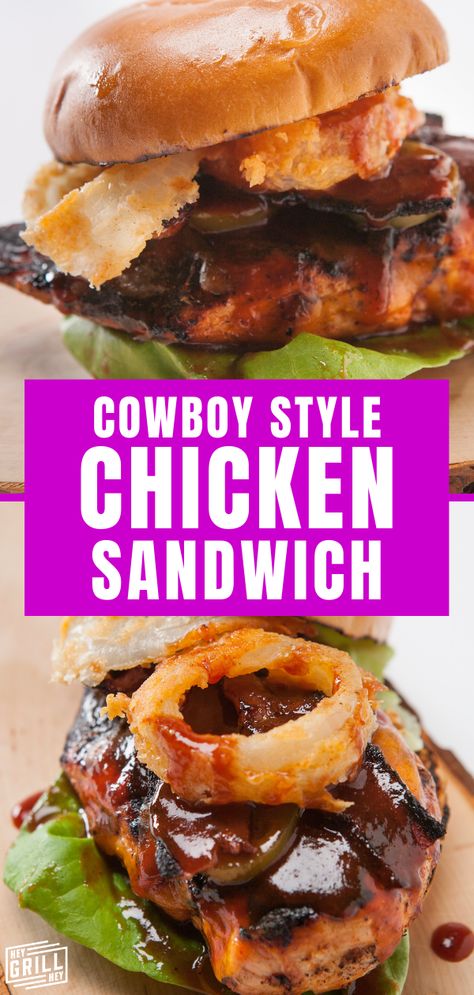 This Cowboy Style Chicken Sandwich is over the top in both flavor and flair thanks to a saucy slather of BBQ sauce, maple peppered bacon, cheddar cheese, pickled jalapenos, and amazing homemade buttermilk onion rings. This monster of a sandwich beats any sandwich you could get from your local drive thru any day. Chicken Sandwich Blackstone, Chicken Sandwich Recipes Grilled, Buttermilk Onion Rings, Hey Grill Hey Recipes, Grilled Dinner Ideas, Chicken Bacon Sandwich, Bbq Recipes Sides, Peppered Bacon, Grilled Dinner Recipes