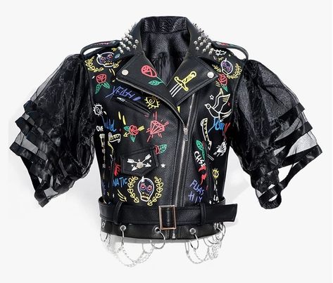 Lady Gaga Concert Outfit Ideas, Lady Gaga Concert Outfit, Painting Clothing, Battle Jacket, Pu Jacket, Rock Punk, Estilo Punk, Punk Outfits, Print Coat