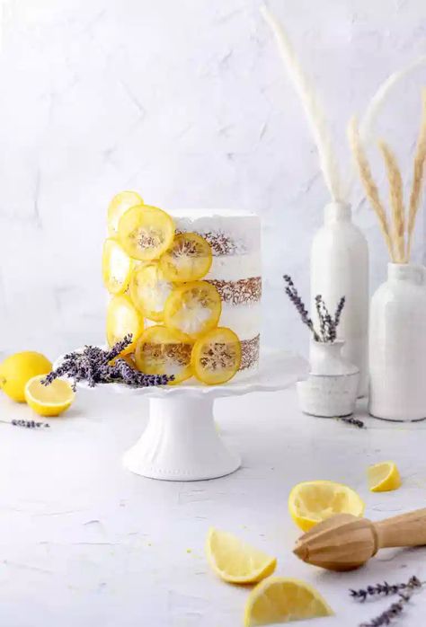 Lemon Lavender Cake, Cake With Swiss Meringue Buttercream, Lavender Buttercream, Lemon Birthday Cakes, Candied Lemon Slices, Lavender Wedding Cake, Homemade Lemon Curd, Lavender Cake, Spring Cake