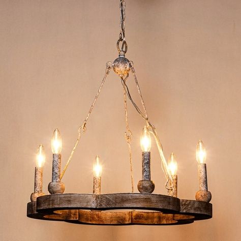 Distressed Wood 6-Light Candle-style Chandelier - On Sale - Bed Bath & Beyond - 35975497 Candle Chandelier Rustic, Rustic Bedroom Chandelier, Wood Candle Chandelier, Rustic Lighting Ideas Dining Room, Vintage Chandeliers For Living Room, Cabin Dining Room Lighting, Wooden Chandelier Rustic, Modern Farmhouse Chandelier Dining Rooms, Rustic Hanging Lights