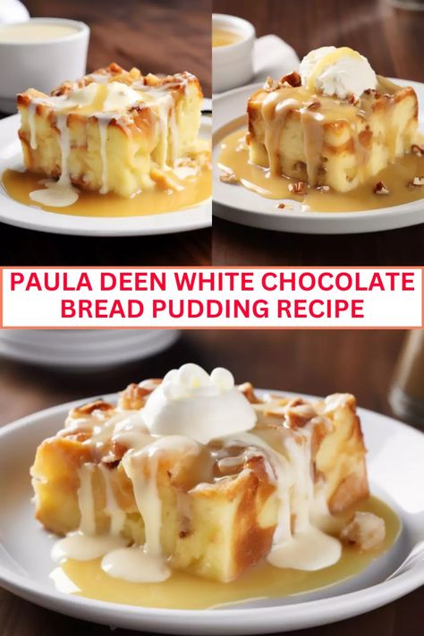 Indulge in a rich and decadent dessert with this Paula Deen white chocolate bread pudding recipe. Made with creamy white chocolate, buttery croissants, and topped with a sweet vanilla sauce, this bread pudding is the perfect way to satisfy your sweet tooth. Bread Pudding White Chocolate, Bread Pudding With White Chocolate Sauce, White Chocolate Bread Pudding Recipe, Paula Deen Bread Pudding, Chocolate Bread Pudding Recipe, Bread Pudding Sauce, White Chocolate Bread, Chocolate Pudding Cake Recipe, White Chocolate Bread Pudding