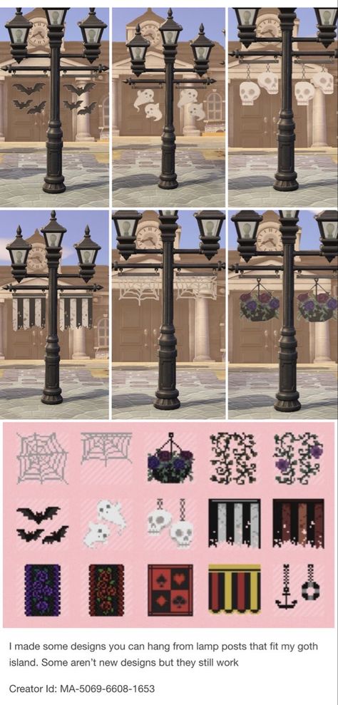 Acnh Halloween Decor Ideas, Animal Crossing Street Light Banner, Streetlight With Banners Acnh, Acnh Cobweb Design, Acnh Design Codes Street Lamp, Animal Crossing Street Lamp Design, Acnh Street Lamp With Banners Fall, Light Post Codes Acnh, Acnh Bats Design