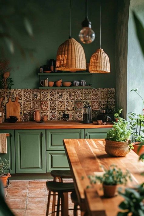 61 Earthy Kitchen Ideas for a Cozy, Organic Look Earthy Color Kitchen, Kitchen Ideas Earthy, Green Witchy Kitchen, Green And Terracotta Kitchen, Boho Kitchen Green, African Kitchen Design, Boho Green Kitchen, Earthy Home Decor Boho Style, Green Witch Kitchen