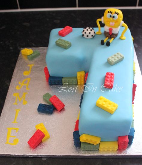 Lego, Spongebob & Football themed number 7 shaped cake Number 7 Cake, Lego Spongebob, Cake Lego, 7 Cake, Lego Cake, Shaped Cake, Lucky 7, Number 7, Let Them Eat Cake