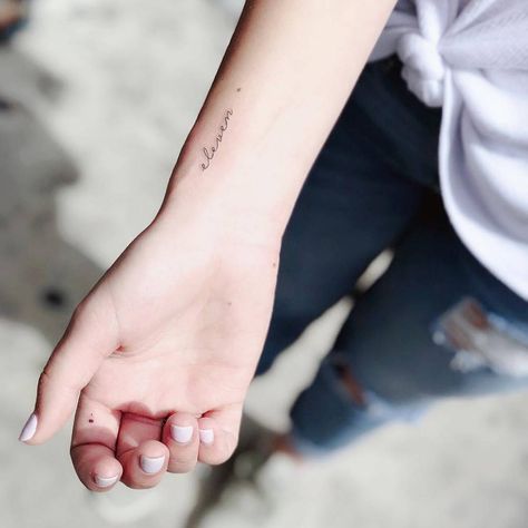 Small Script Tattoo Placement, Forearm Script Tattoo, Script Tattoo Placement, Word Tattoo Placements, Wrist Tattoos Quotes, Inner Wrist Tattoos, Wrist Tattoos Words, Dainty Tattoo, Small Wave Tattoo