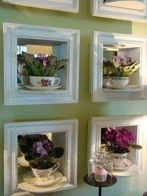 Soo cute Tea Cup Crafts, Tea Cup Display, Teacup Crafts, Bar Display, Cup Crafts, Upcycled Home Decor, African Violets, Shadow Boxes, Tea Room