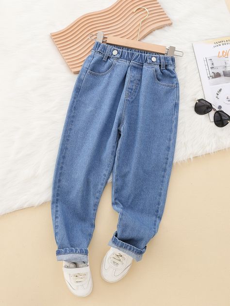 Medium Wash    Denim Plain Tapered/Carrot Embellished Non-Stretch  Girls Clothing Mega Mart, Waist Jeans, Girls Jeans, Girls Clothing, Casual Outfit, High Waist Jeans, Mom Jeans, High Waist, Casual Outfits